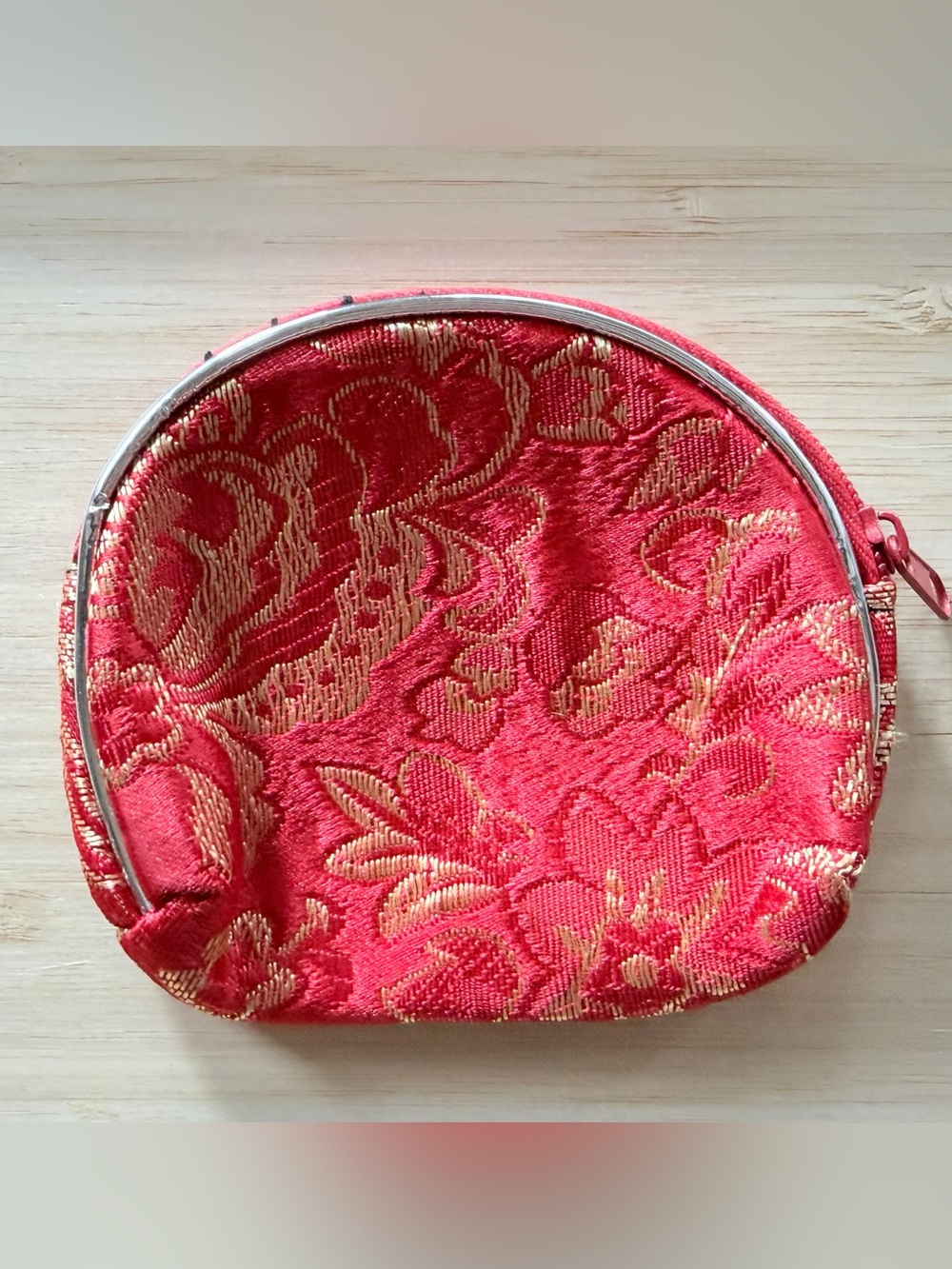 Red Gold Brocade Mini Coin Purse Floral Zip Pouch Vintage Inspired